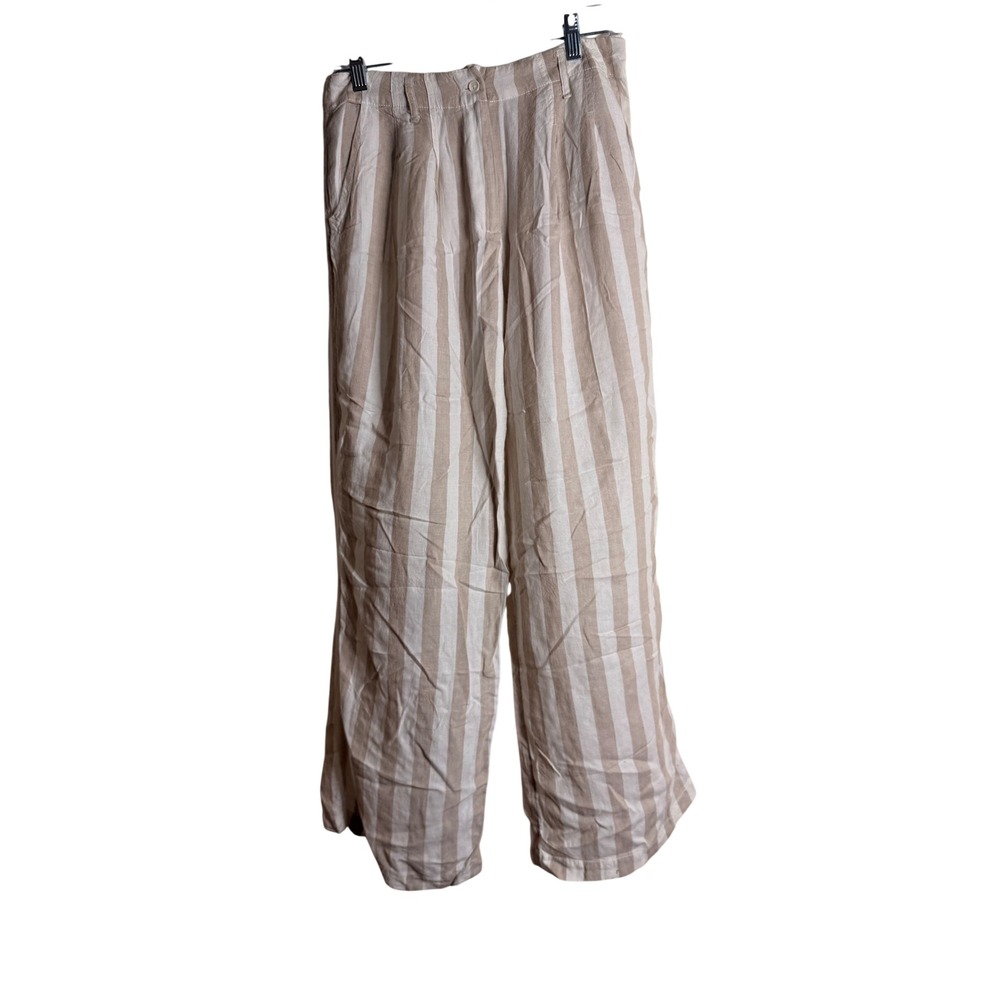 Urban Outfitters Women 0 Striped Wide Leg Pants Tan Cream Linen Blend Trouser